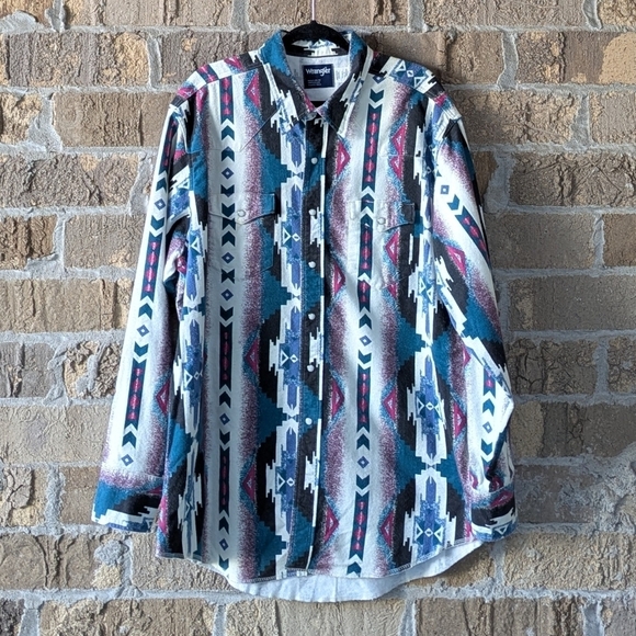 VTG 80s Wrangler Chamois Southwestern Aztec Tribal Long Sleeve Snap Shirt 19x36 - Picture 9 of 9